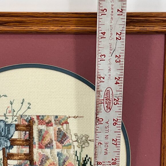 Framed Cross-Stitch Art With Wooden Chair & Quilt Scene In Oak Frame - Picture 4 of 6